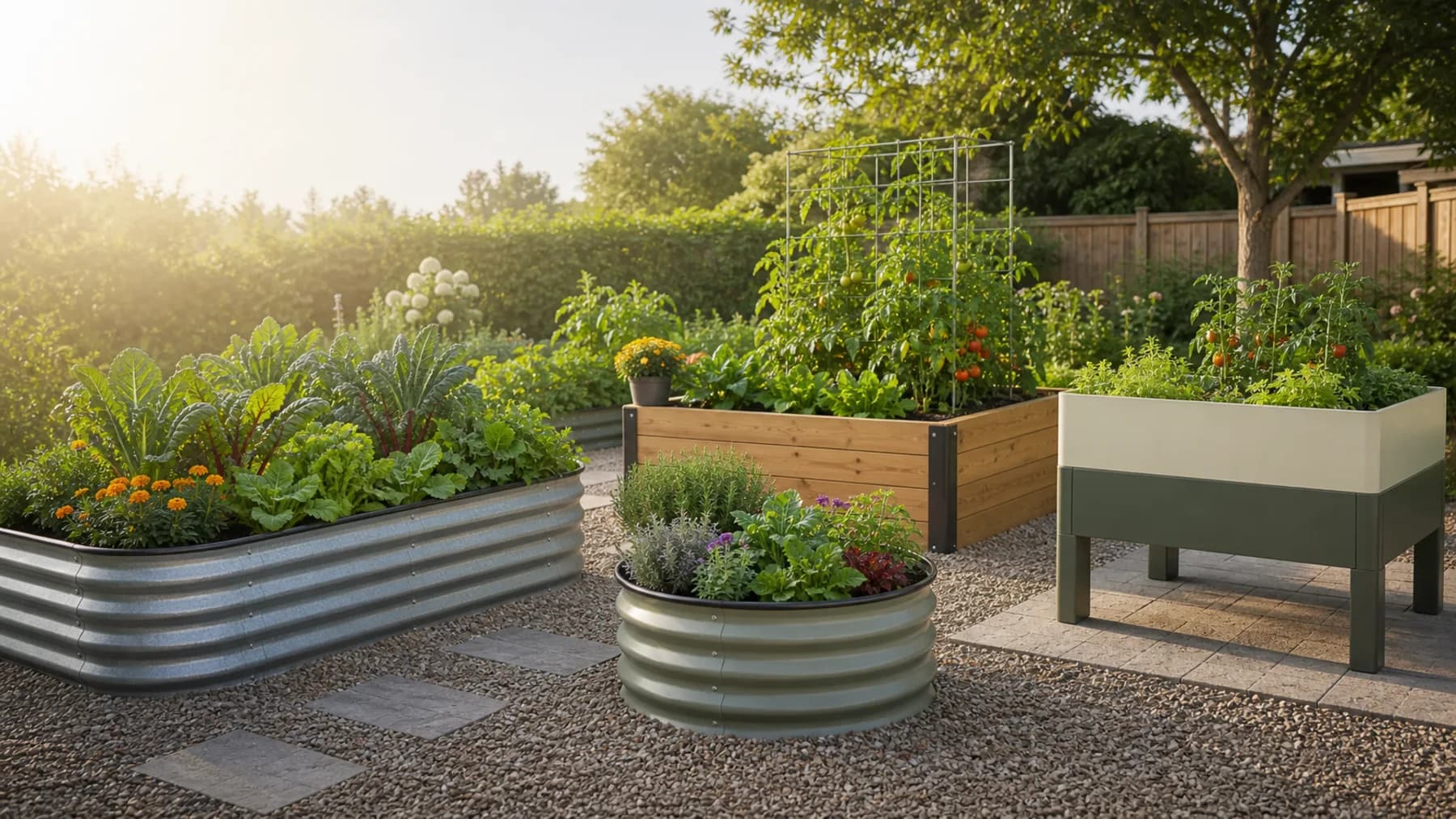 A backyard garden with metal, wood, round, and elevated raised beds planted with vegetables and herbs.