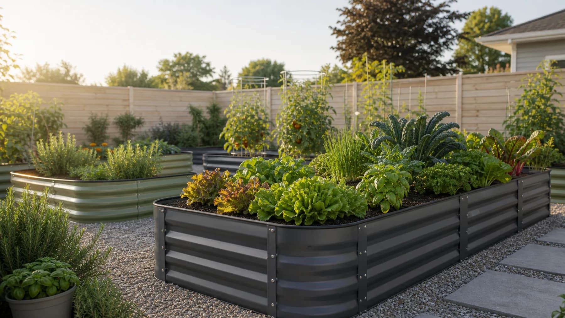 A dark modular corrugated metal raised garden bed planted with vegetables in a clean backyard layout.