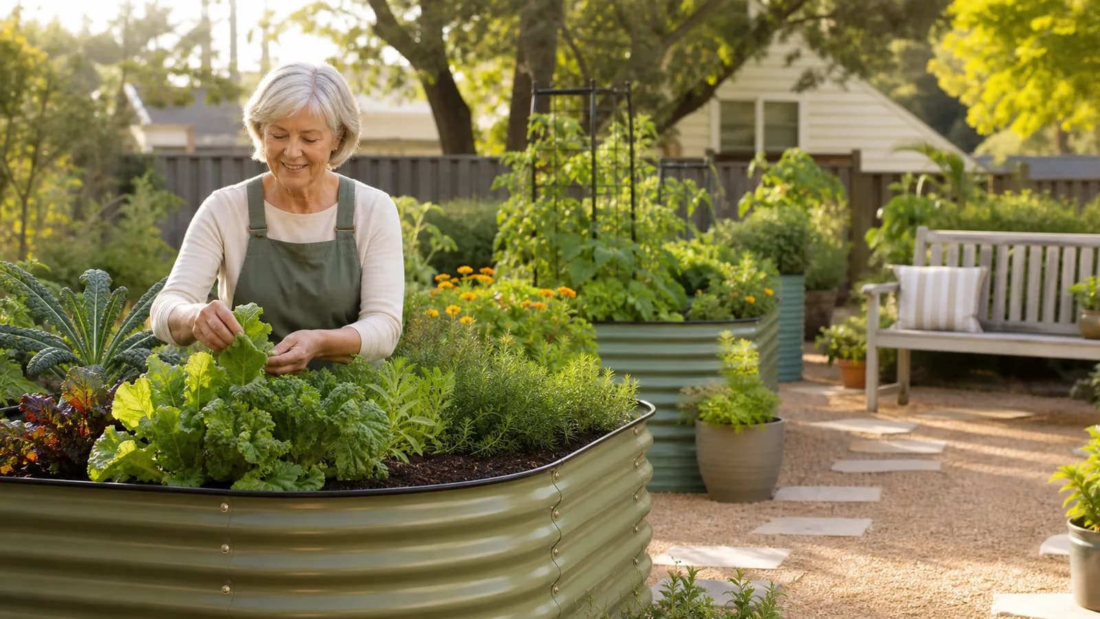 Tall raised beds arranged for easier access.