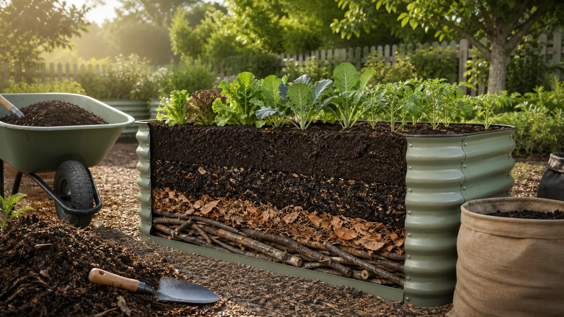 Raised bed soil and compost mix prepared for vegetables.