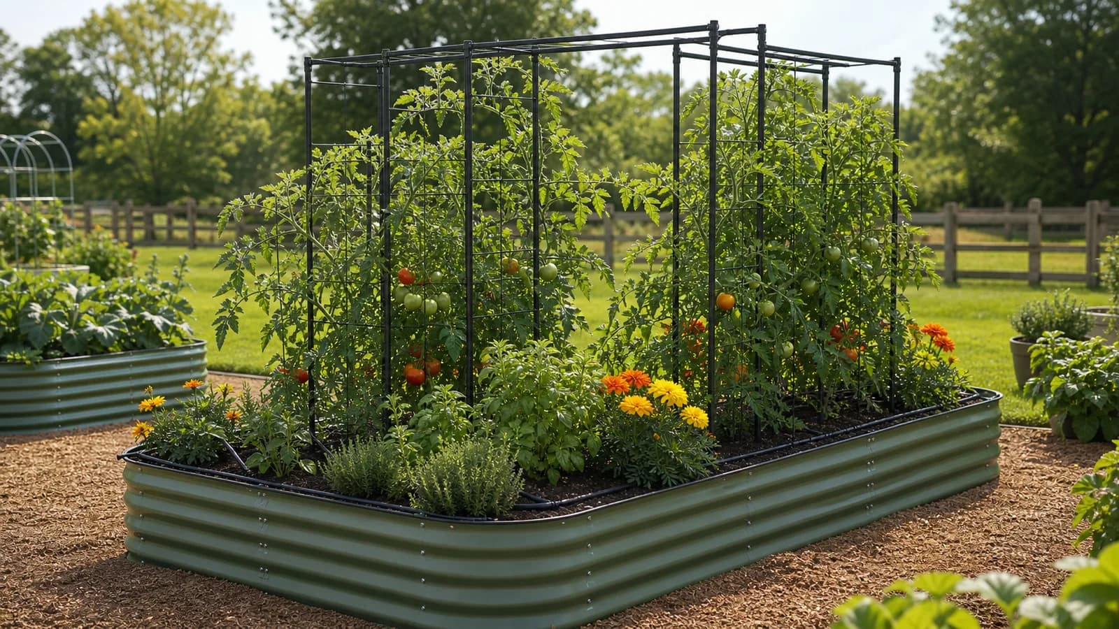 Tomato plants growing on a trellis in a raised garden bed.