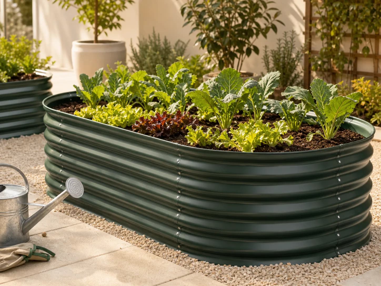 Premium corrugated metal raised beds in a planted backyard.