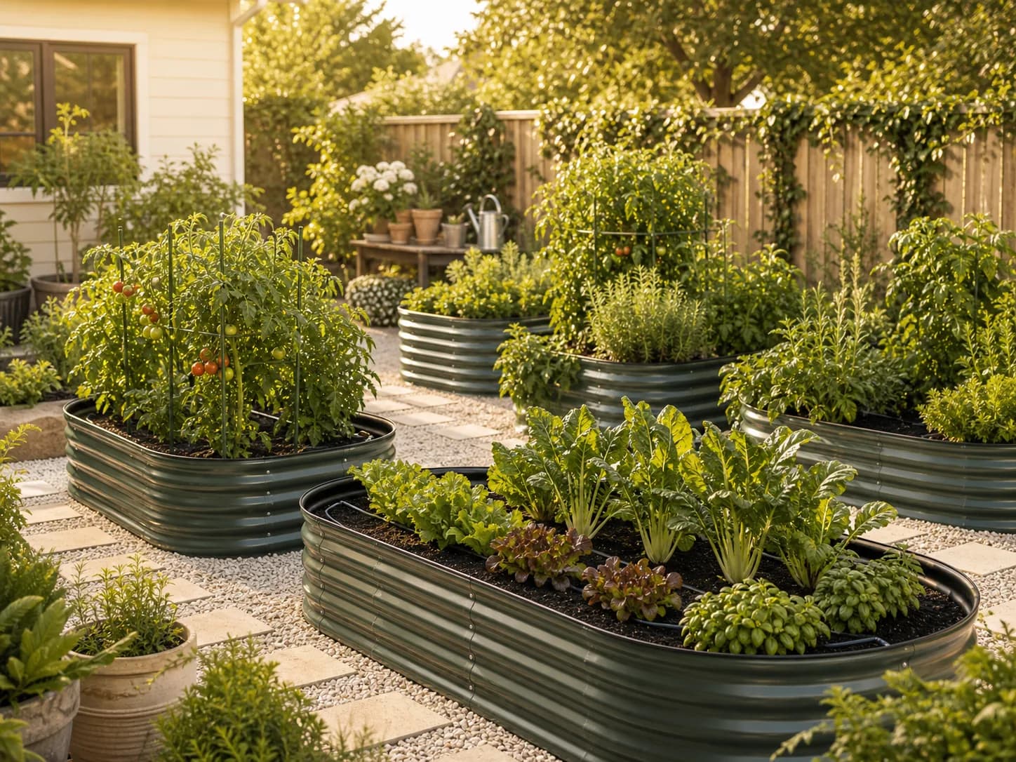 A starter backyard raised bed planted with herbs and vegetables.