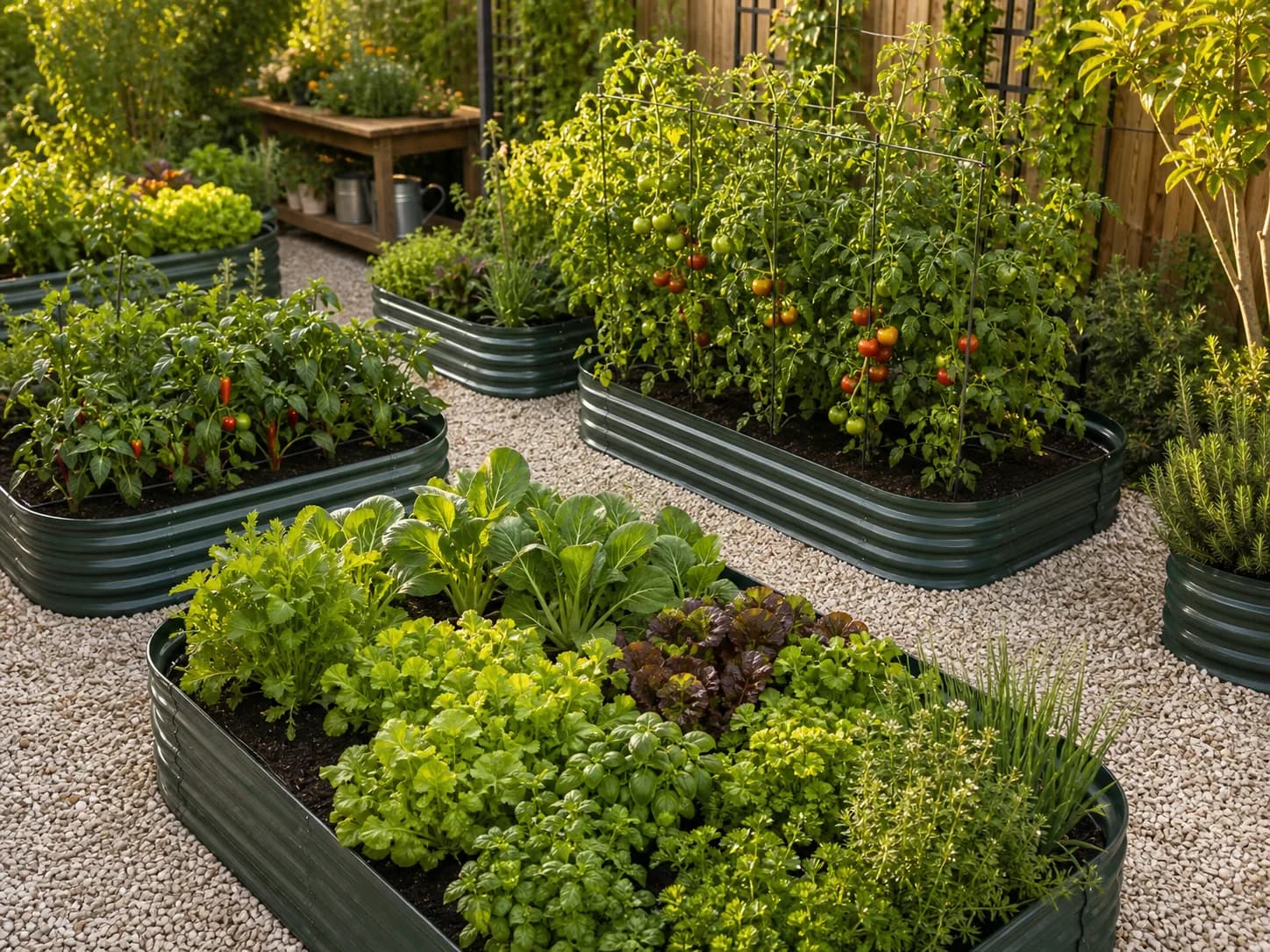 A vegetable raised bed with tomatoes, leafy greens, and herbs.