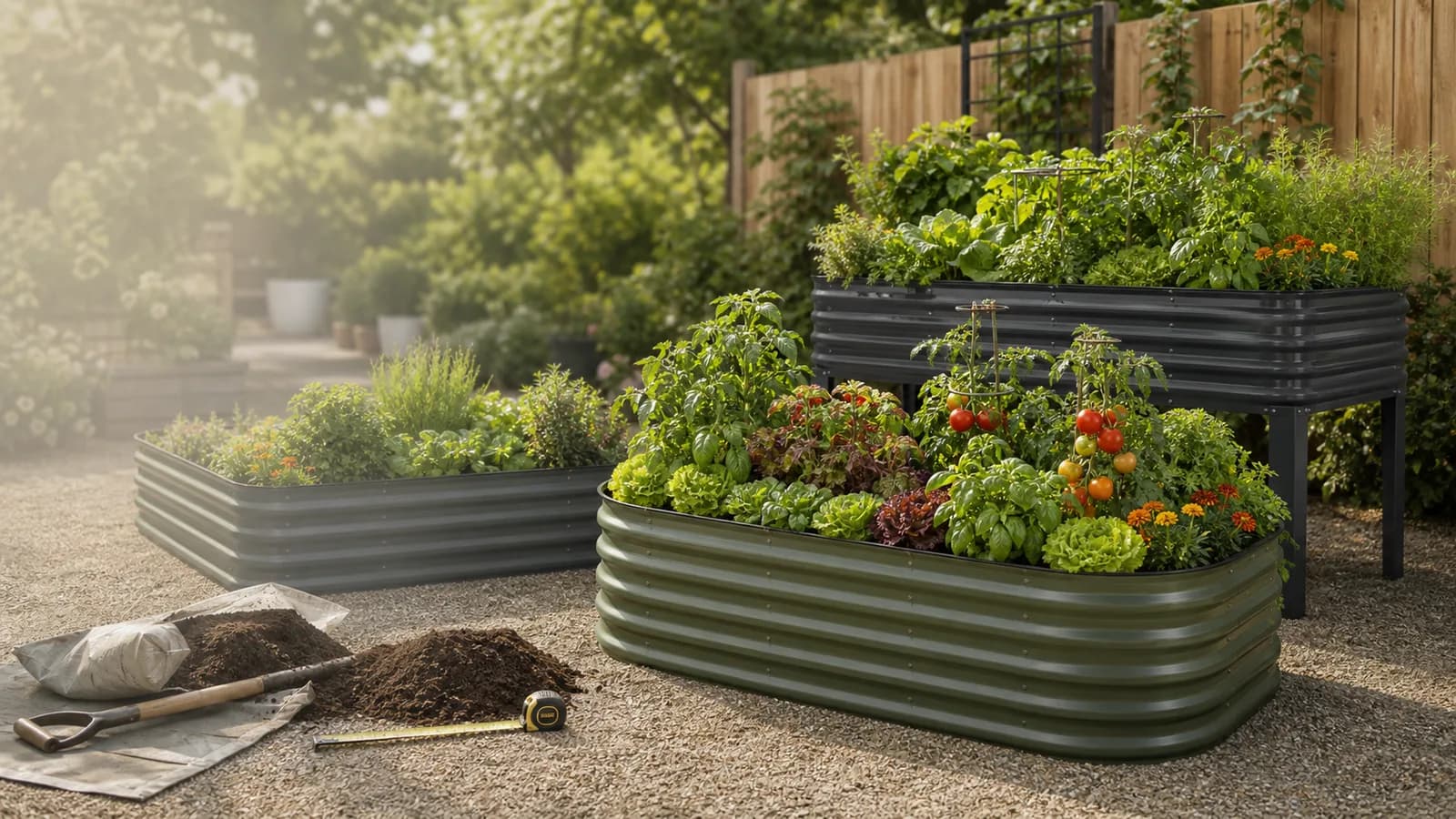 A comparison scene of metal raised garden beds for different budgets.