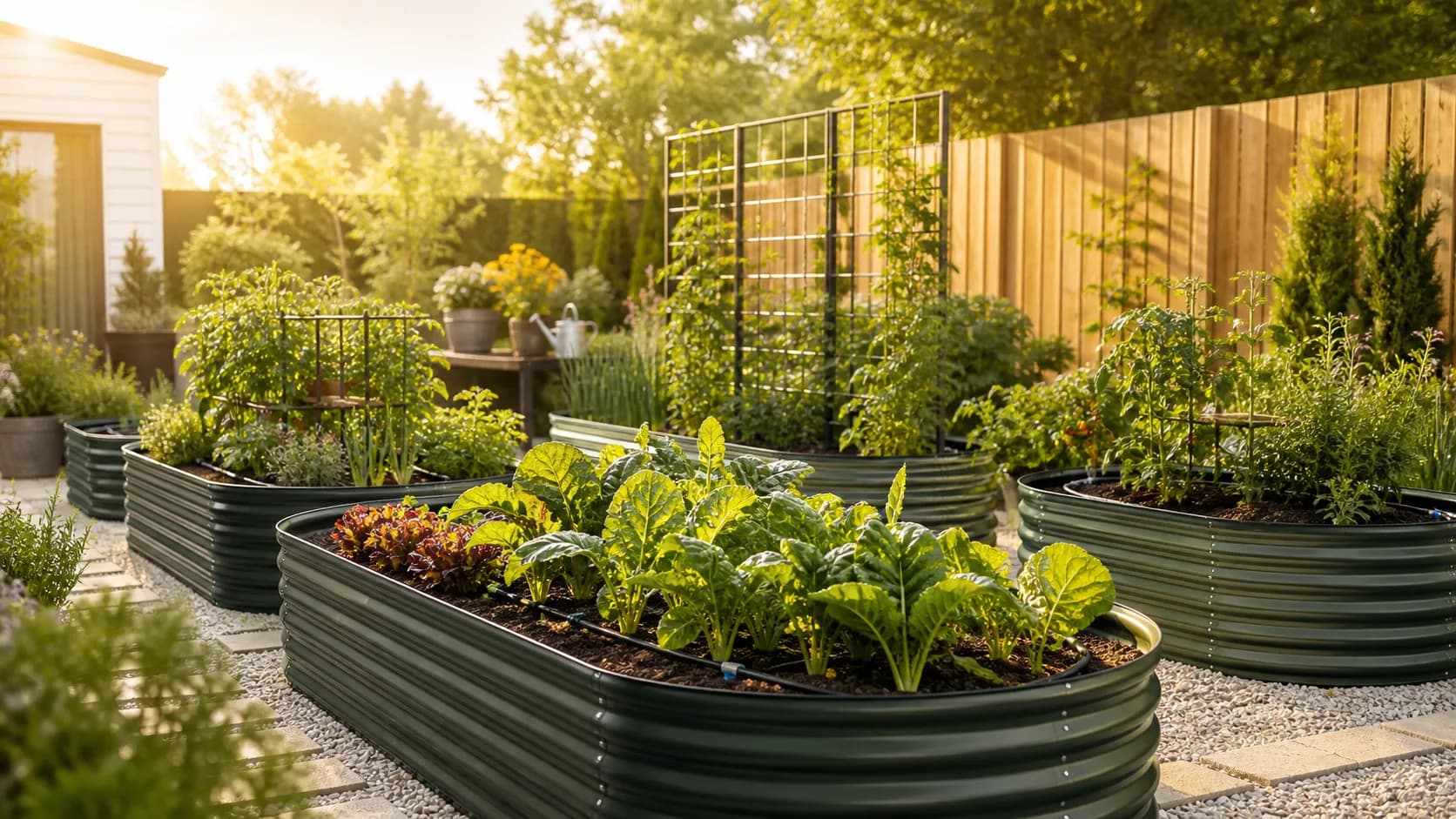 A planned backyard layout with raised garden beds and clear paths.