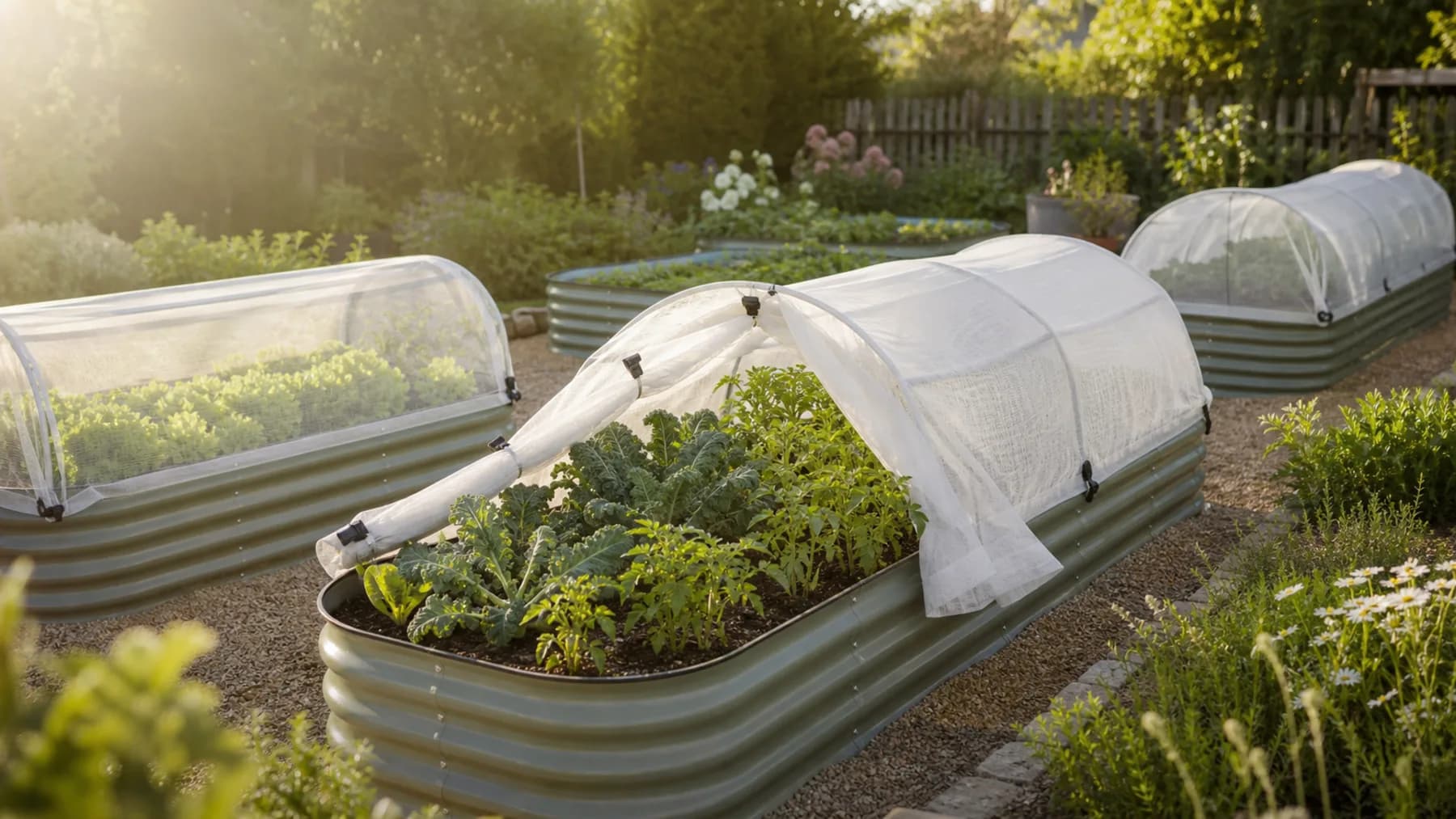 Metal raised garden beds protected with low hoops and translucent row covers over leafy greens.