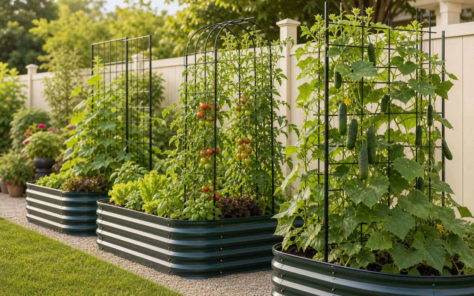 A trellis supporting tomatoes and climbing vegetables in a raised bed.
